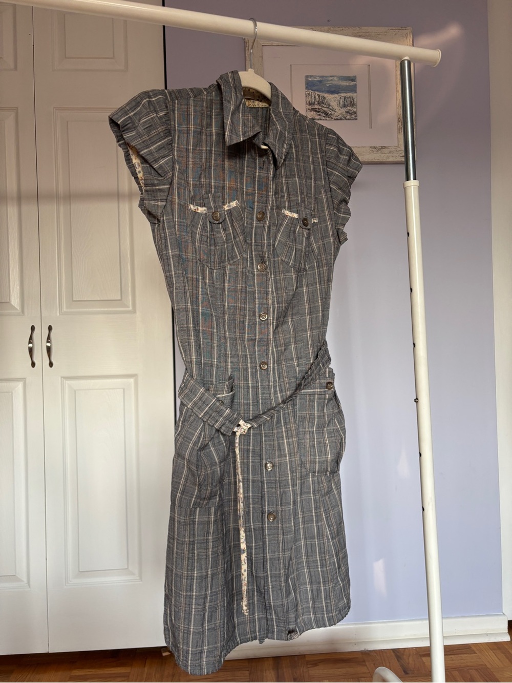 86. PETROV Gray Plaid/Cream Belted Mini Dress, with detailing - Picture 4 of 15